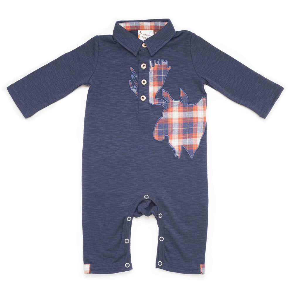 Boys Navy Slub Moose Applique Romper