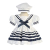 Girls White Nautical Sailor Dress and Hat - Striped Skirt