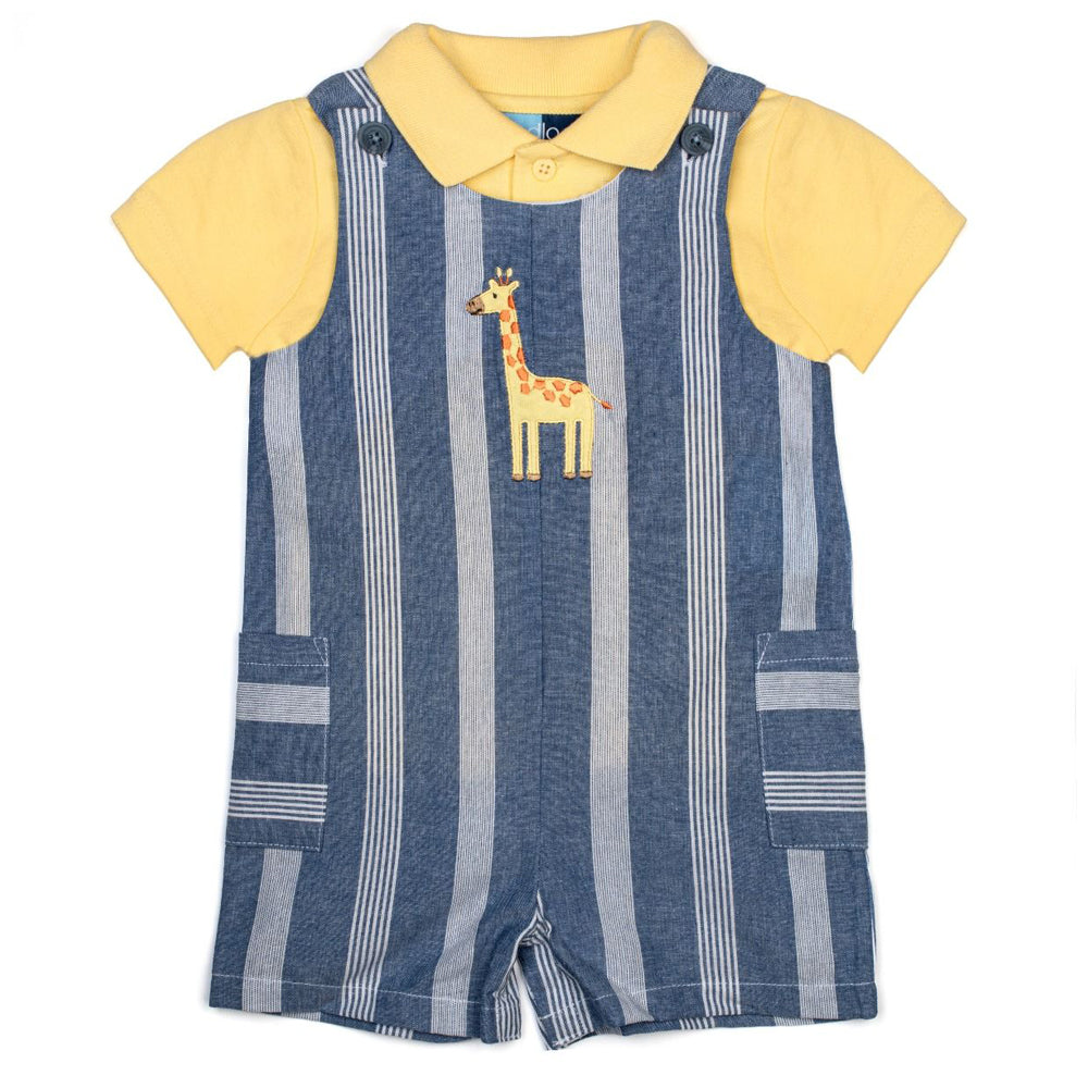 Baby Boys Chambray Stripe Shortall Set with Giraffe Applique