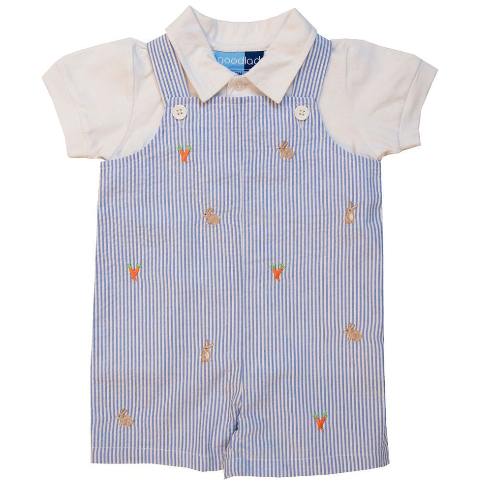Baby Boys Blue Seersucker Shortall Set with Embroidered Bunnies
