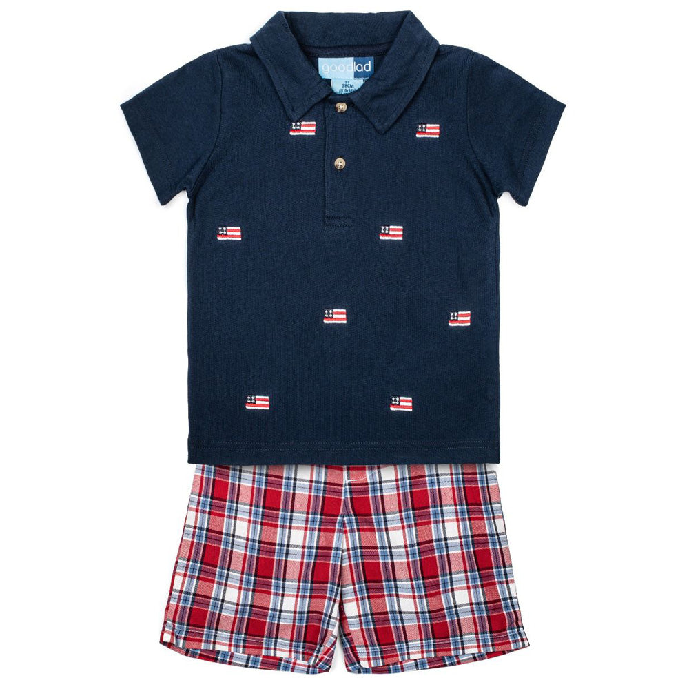 Toddler Boys Patriotic Flag Embroidered Shirt and Plaid Shorts Set