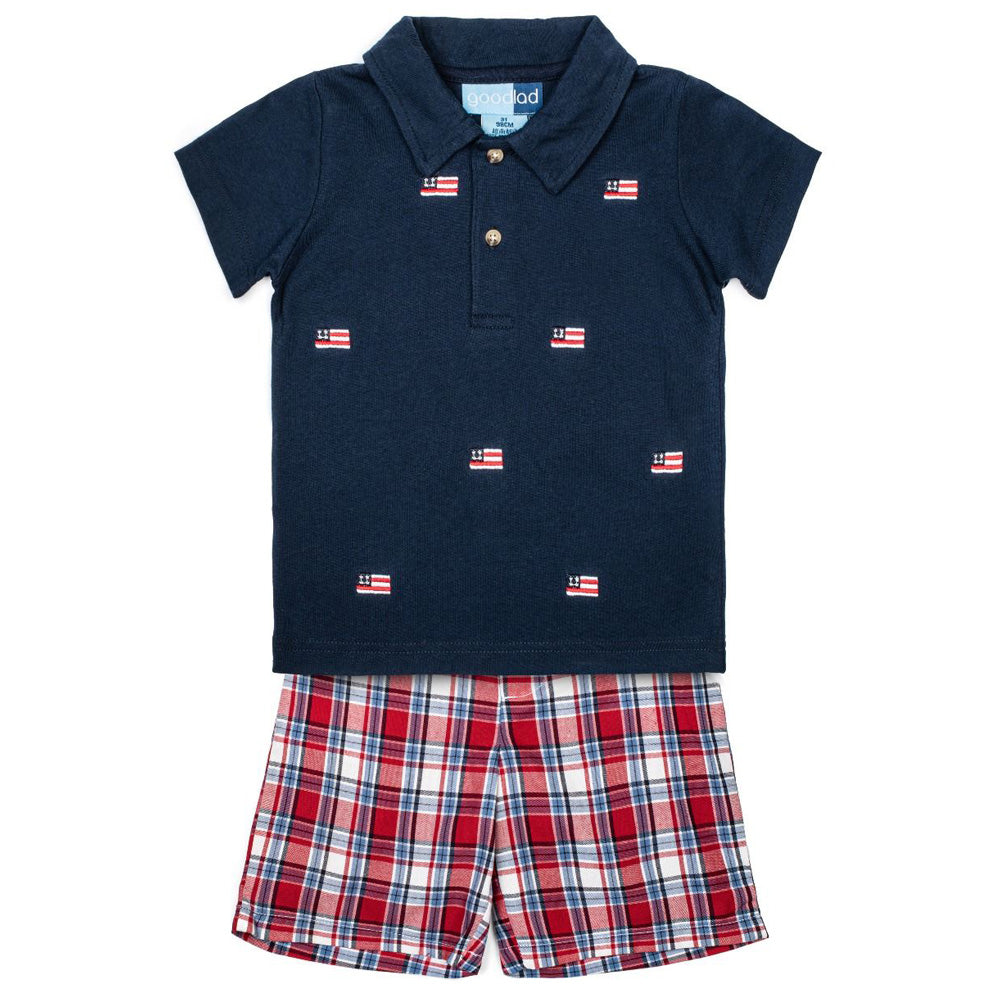 Toddler Boys Patriotic Flag Embroidered Shirt and Plaid Shorts Set
