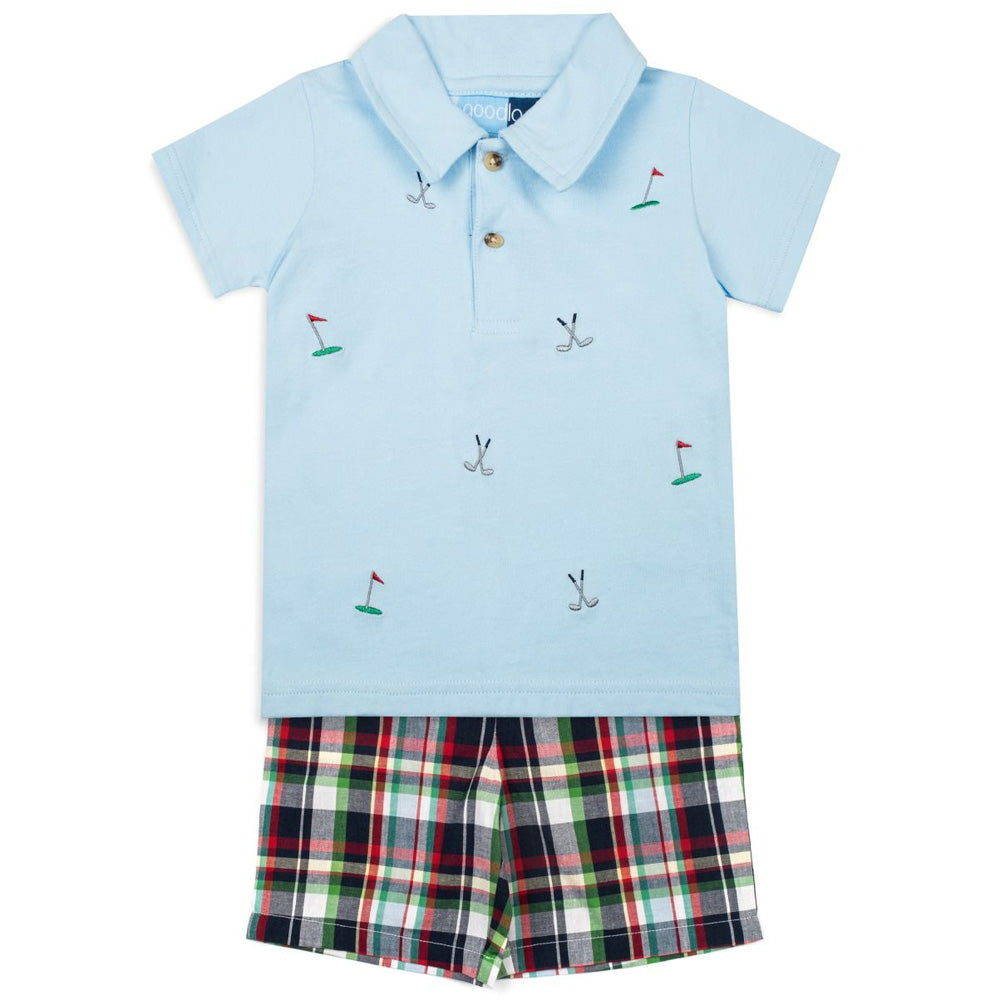 Toddler Boys Golf Embroidered Shirt and Plaid Shorts Set