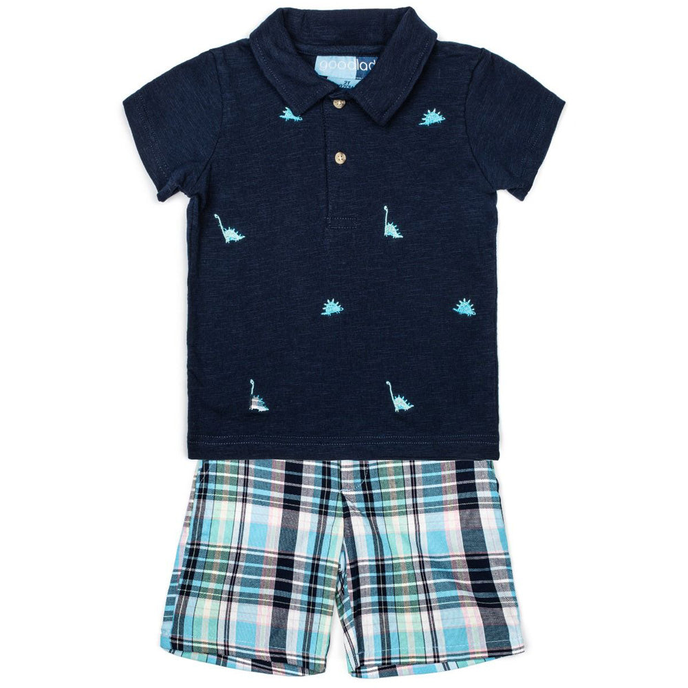 Toddler Boys Dinosaur Embroidered Shirt and Plaid Shorts Set