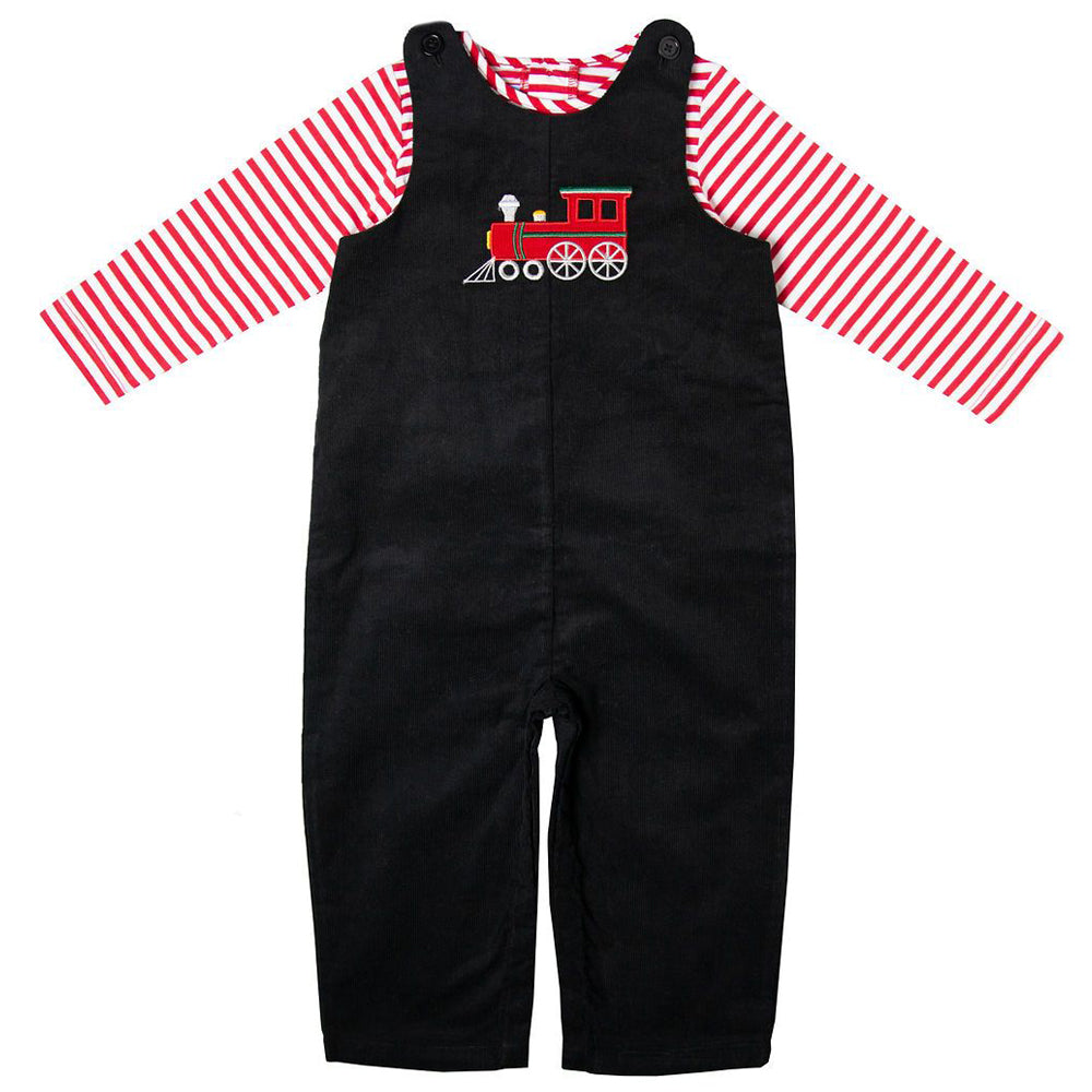 Baby Boys Black Corduroy Holiday Train Appliqued Overall and Striped Bodysuit Set