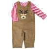 Baby Boys Tan Corduroy Holiday Reindeer Appliqued Overall and Striped Bodysuit Set