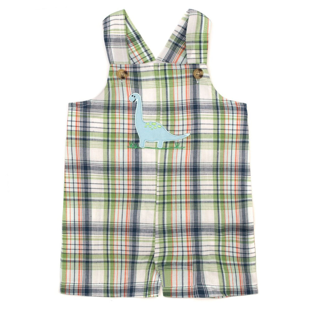 Baby Boys Green Plaid Shortall with Dinosaur Applique