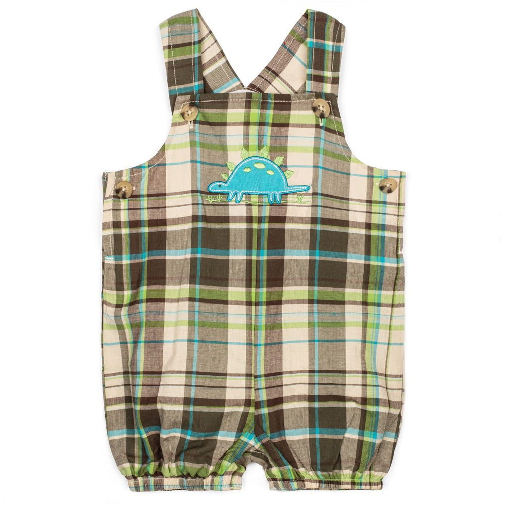 Baby Boys Brown Plaid Shortall with Dinosaur Applique