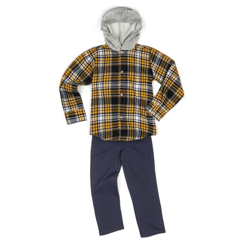 Boys Navy and Mustard Hooded Plaid Shirt and Pant Set