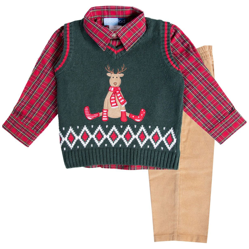 Reindeer Appliqued Green Sweater Vest Three Piece Set