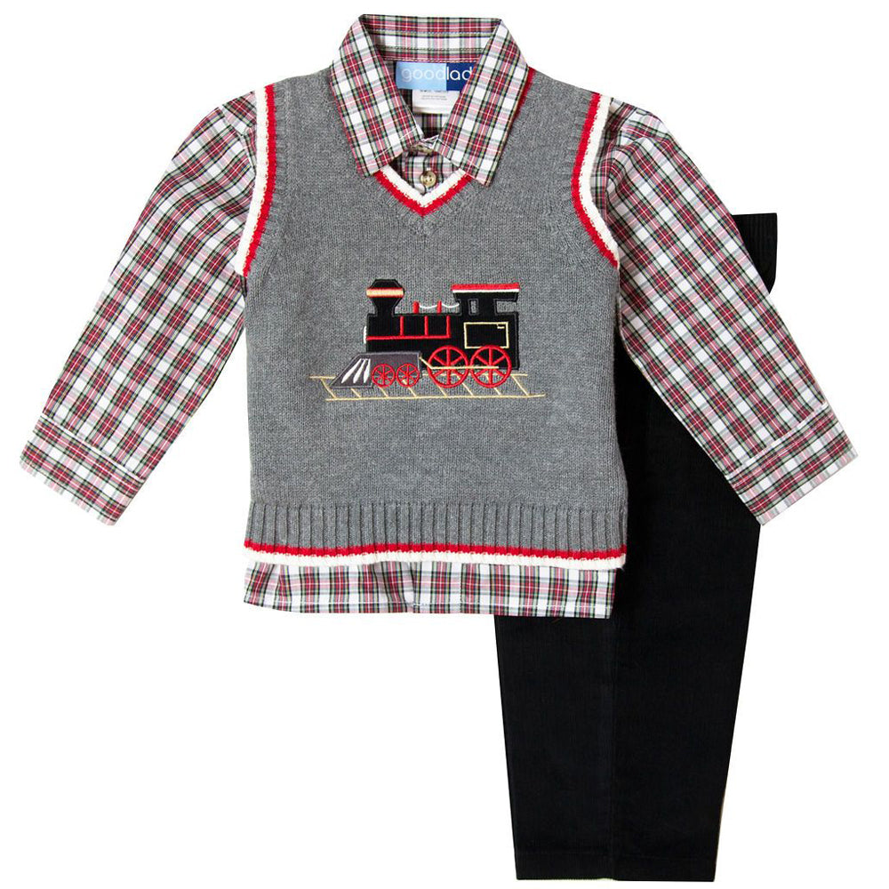 Train Appliqued Grey Sweater Vest Three Piece Set