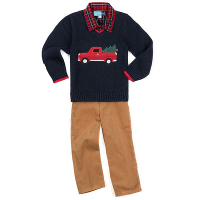 Christmas Truck Appliqued Navy Long Sleeve Sweater Three Piece Set