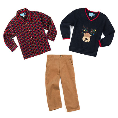 Reindeer Appliqued Navy Long Sleeve Sweater Three Piece Set