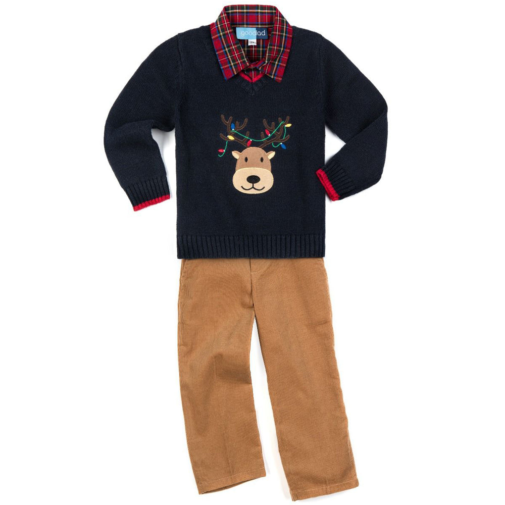 Reindeer Appliqued Navy Long Sleeve Sweater Three Piece Set