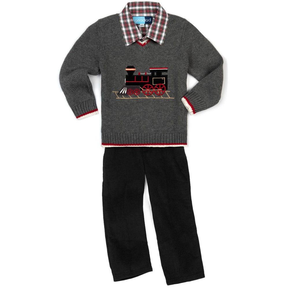 Train Appliqued Grey Long Sleeve Sweater Three Piece Set