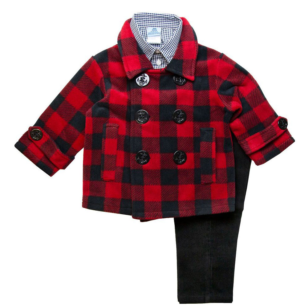 Boys Buffalo Plaid Peacoat 3 Piece Set