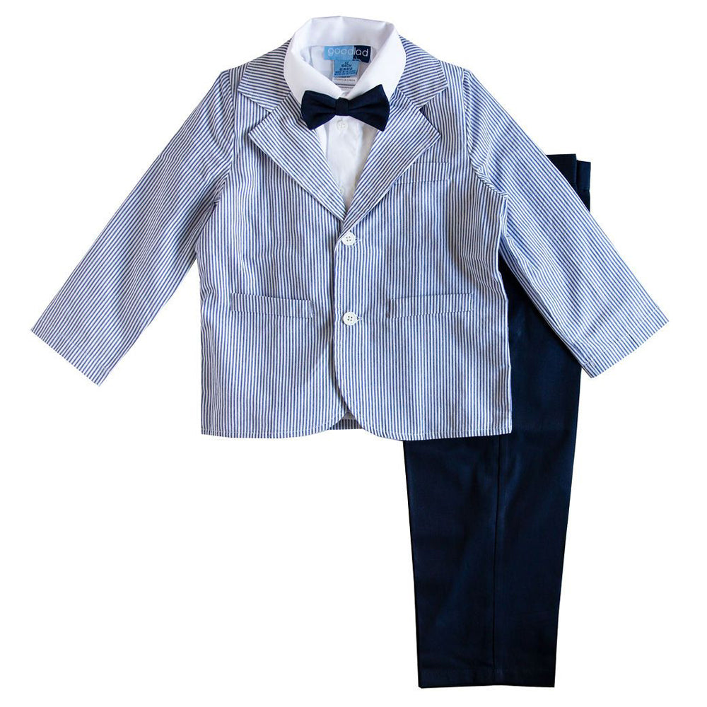 Boys 4-piece Seersucker Jacket and Navy Twill Pant Suit Set