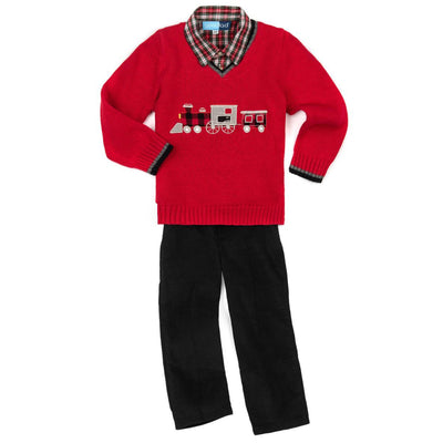 Red Train Appliqued Long Sleeve Sweater Three Piece Set
