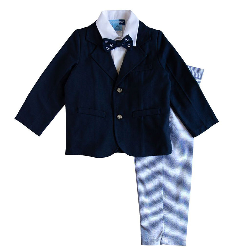 Boys 4-piece Solid Navy Jacket and Seersucker Pant Suit Set