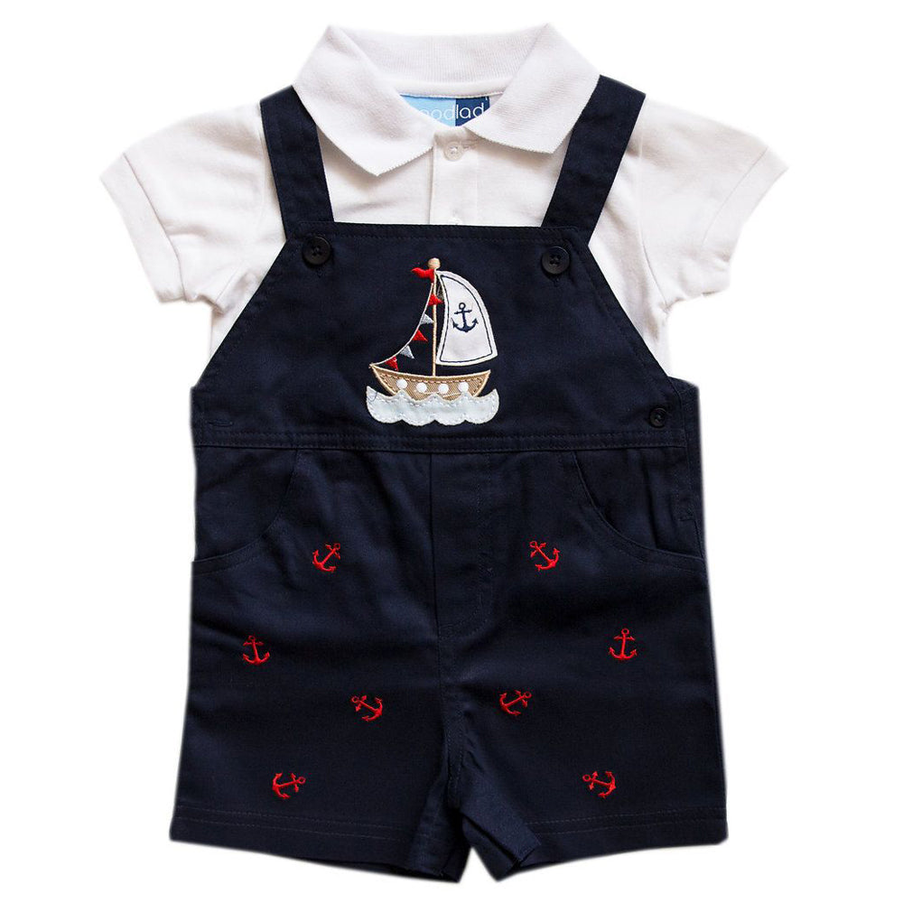 Baby Boys Navy Shortall Set with Sailboat Applique