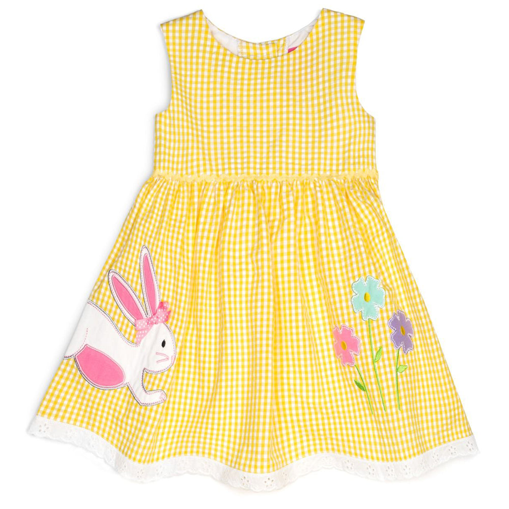 Baby and Little Girls Yellow Seersucker Dress with Bunny Applique