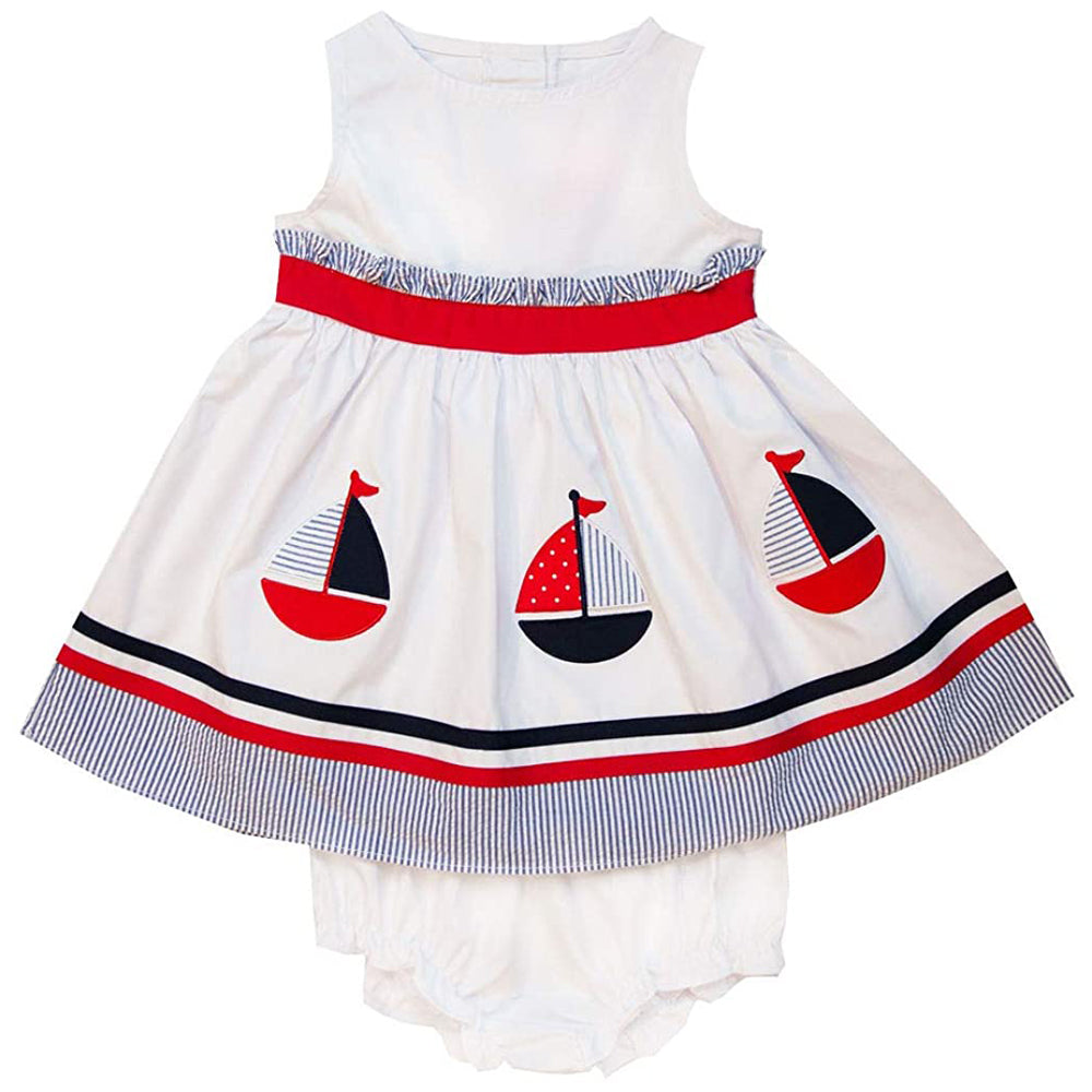 White Poplin Nautical Dress with Sailboat Appliques