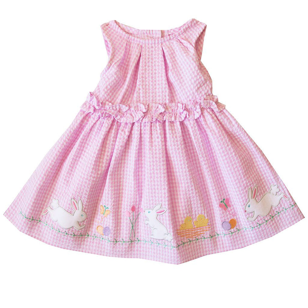 Baby and Little Girls Pink Seersucker Dress with Bunny Appliques