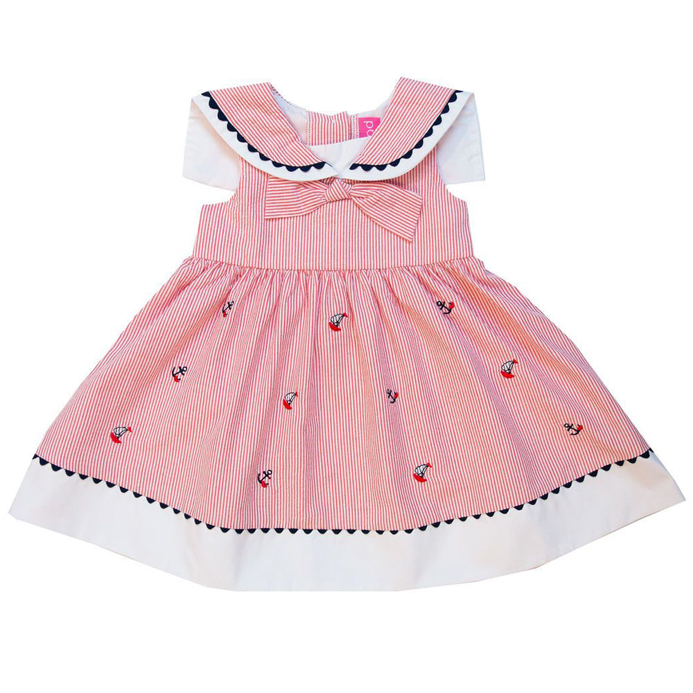 Baby and Little Girls Red Seersucker Nautical Collar Dress