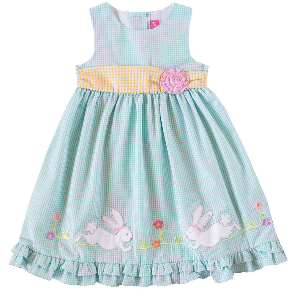 Girls Turquoise Seersucker Bunny Applique Dress