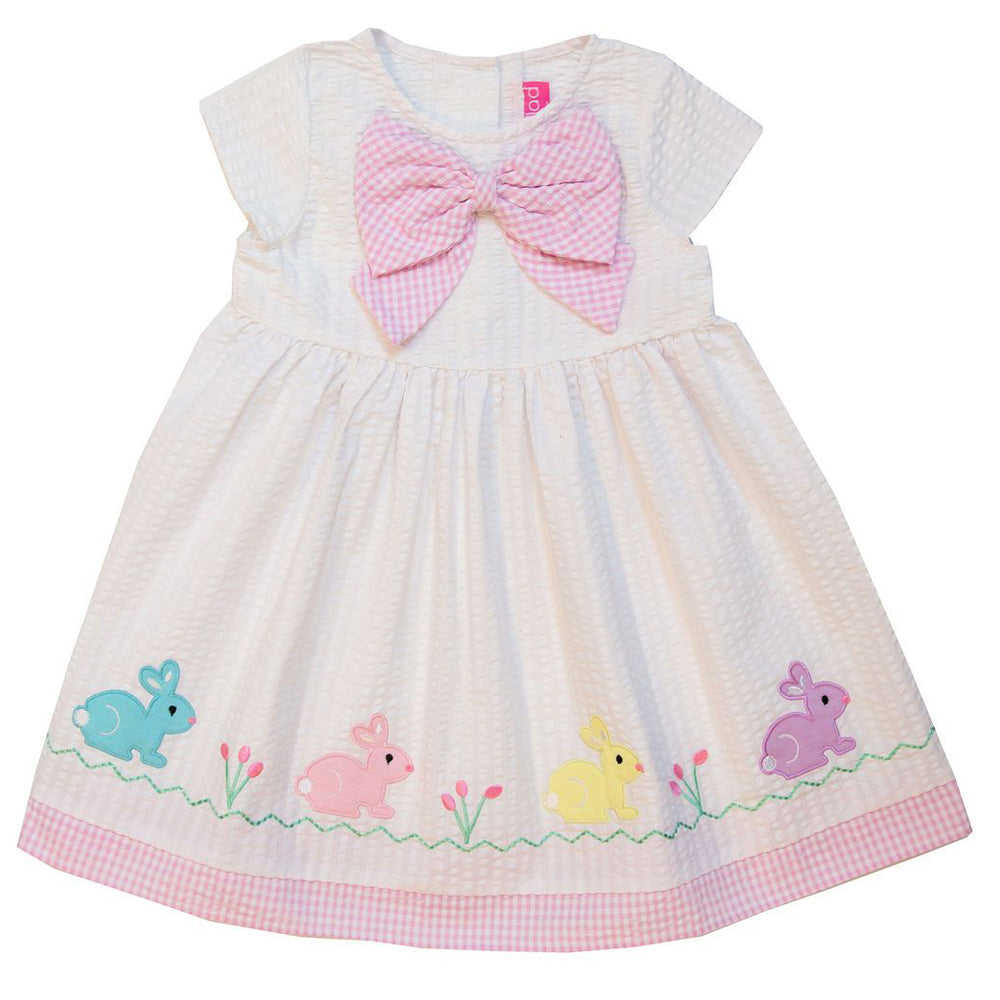 White Seersucker Bow Dress with Bunny Appliques