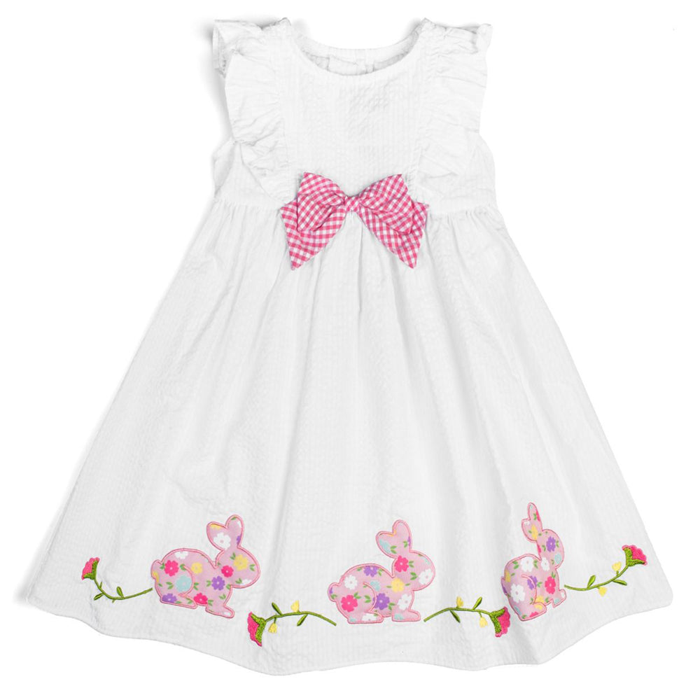 Girls White Seersucker Apron Dress with Bunny Appliques