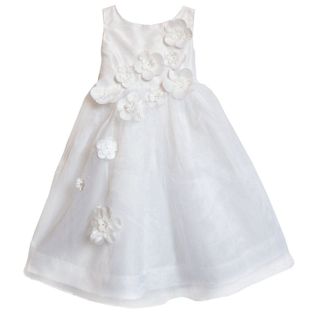 Girls 3T-10 Organza Special Occasion Dress with 3D Flowers in White