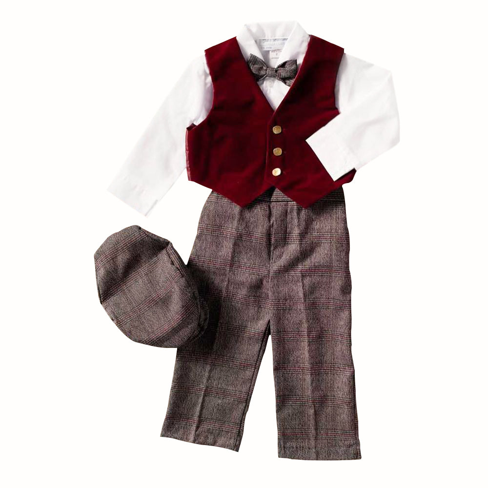 Little Boys Burgundy Vest Pant Set - Holiday Plaid