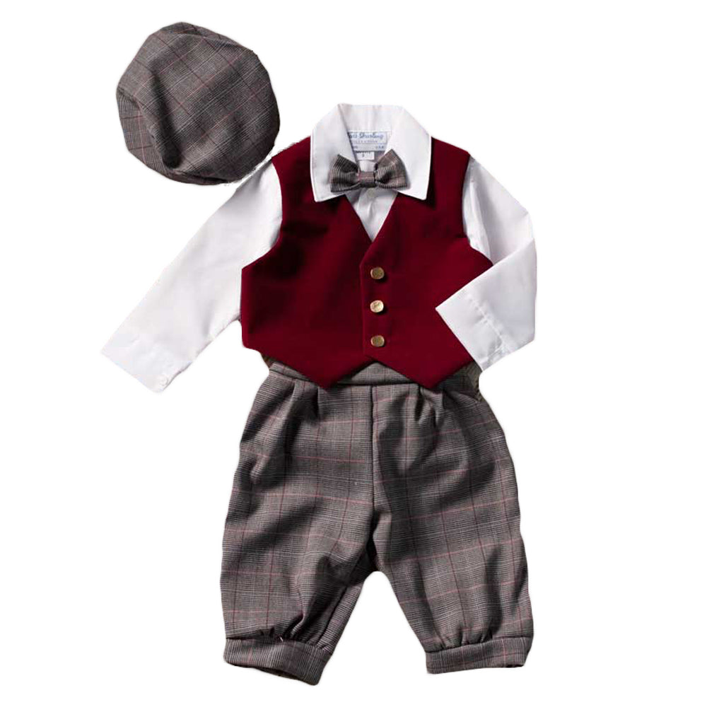 Boys Burgundy Vest/Plaid Knicker Set