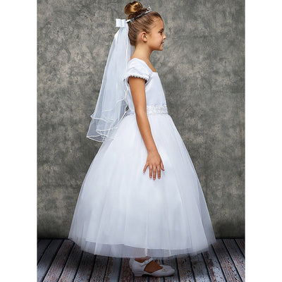 Girls 6-16 White Pleated Cap Sleeve Communion Dress