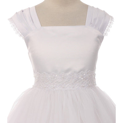 Girls 6-16 White Pleated Cap Sleeve Communion Dress