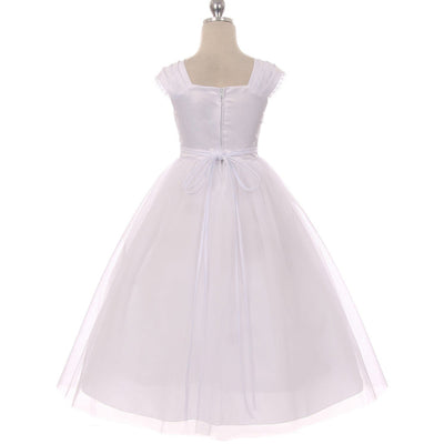 Girls 6-16 White Pleated Cap Sleeve Communion Dress