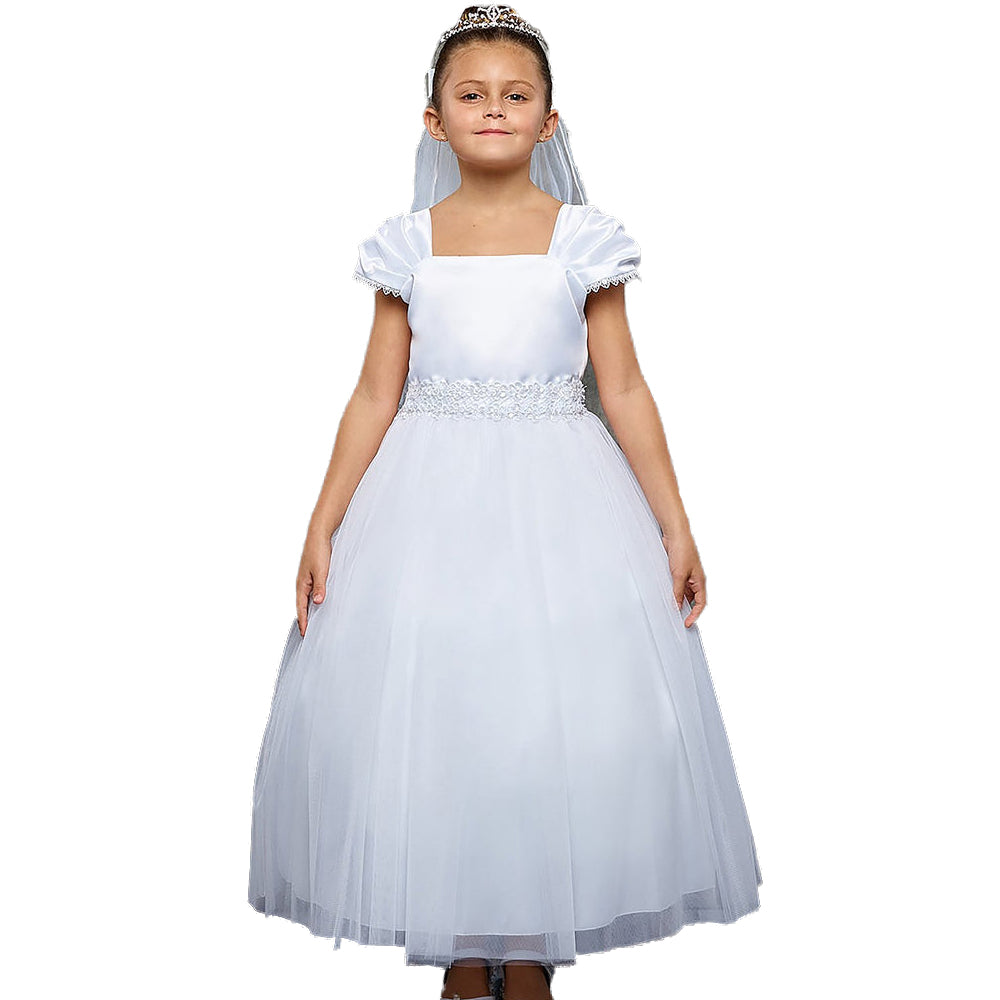 Girls 6-16 White Pleated Cap Sleeve Communion Dress