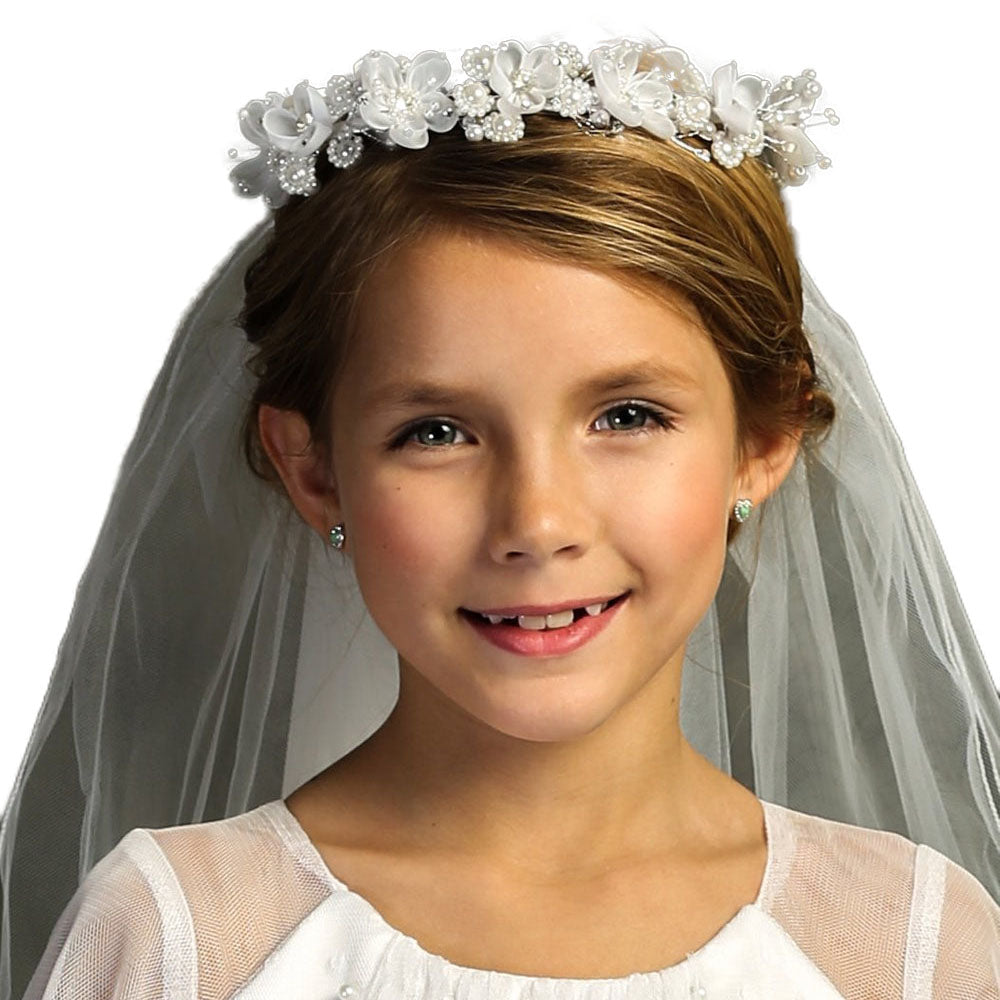 White Communion Flower Pearl Crown Veil