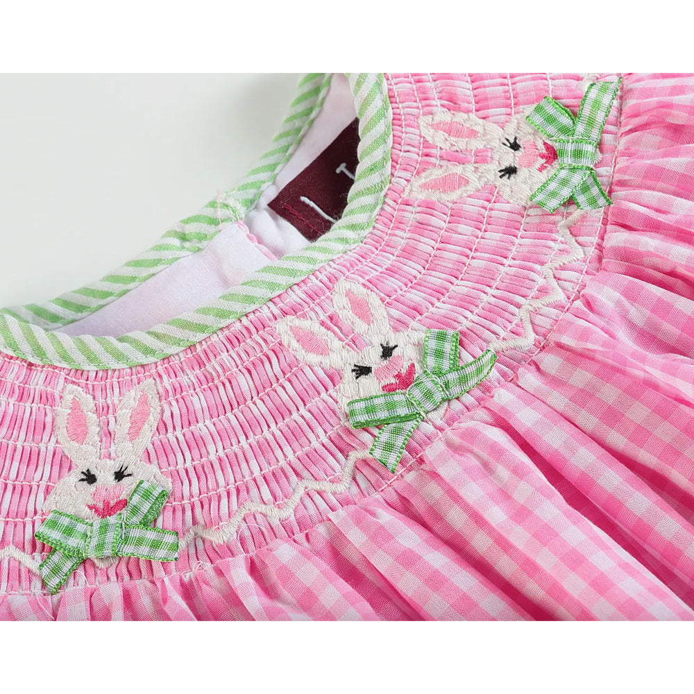 Pink Gingham Bunnies Smocked Bishop Dress