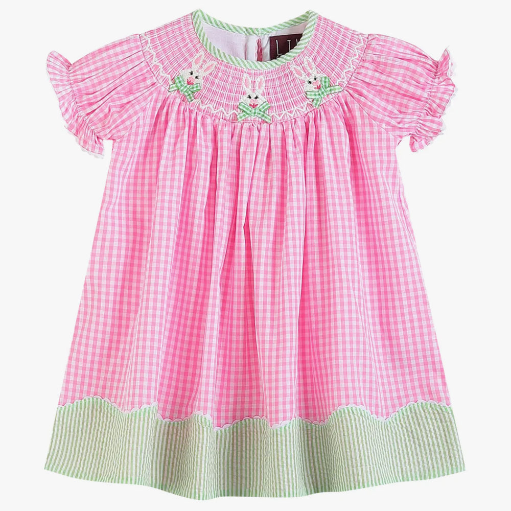 Pink Gingham Bunnies Smocked Bishop Dress