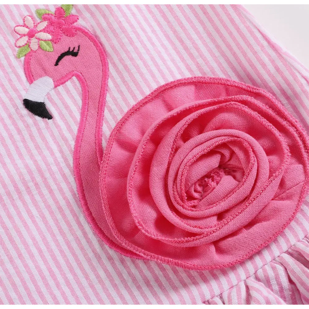 Pink Seersucker Flamingo Ruffle Dress