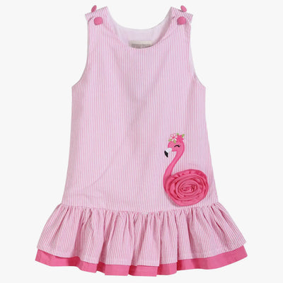 Pink Seersucker Flamingo Ruffle Dress