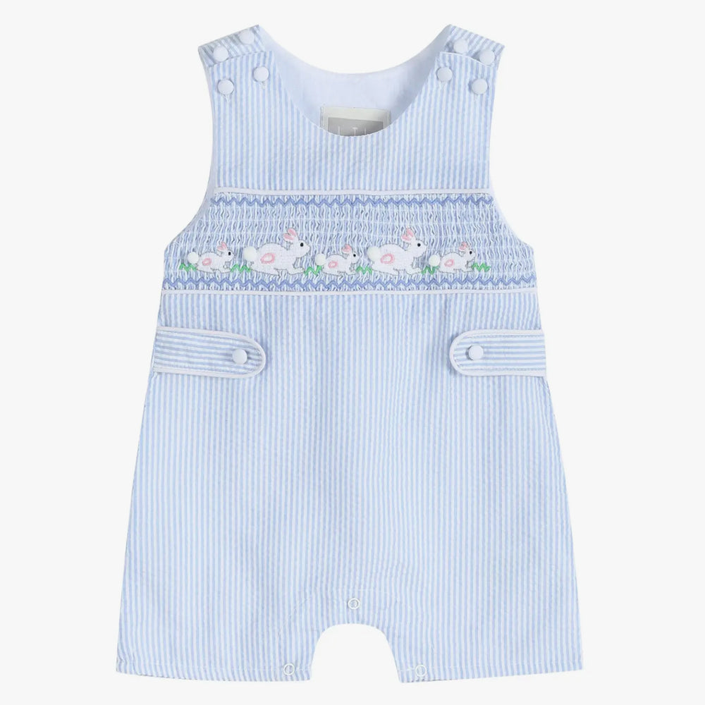 Blue Seersucker Bunnies Smocked Shortall