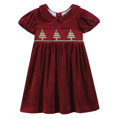 Red Velour Christmas Tree Smocked Dress