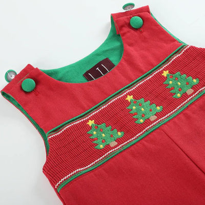 Red Smocked Christmas Tree Overalls