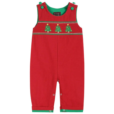 Red Smocked Christmas Tree Overalls