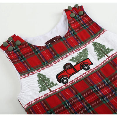 Red Plaid Christmas Truck Smocked Overalls