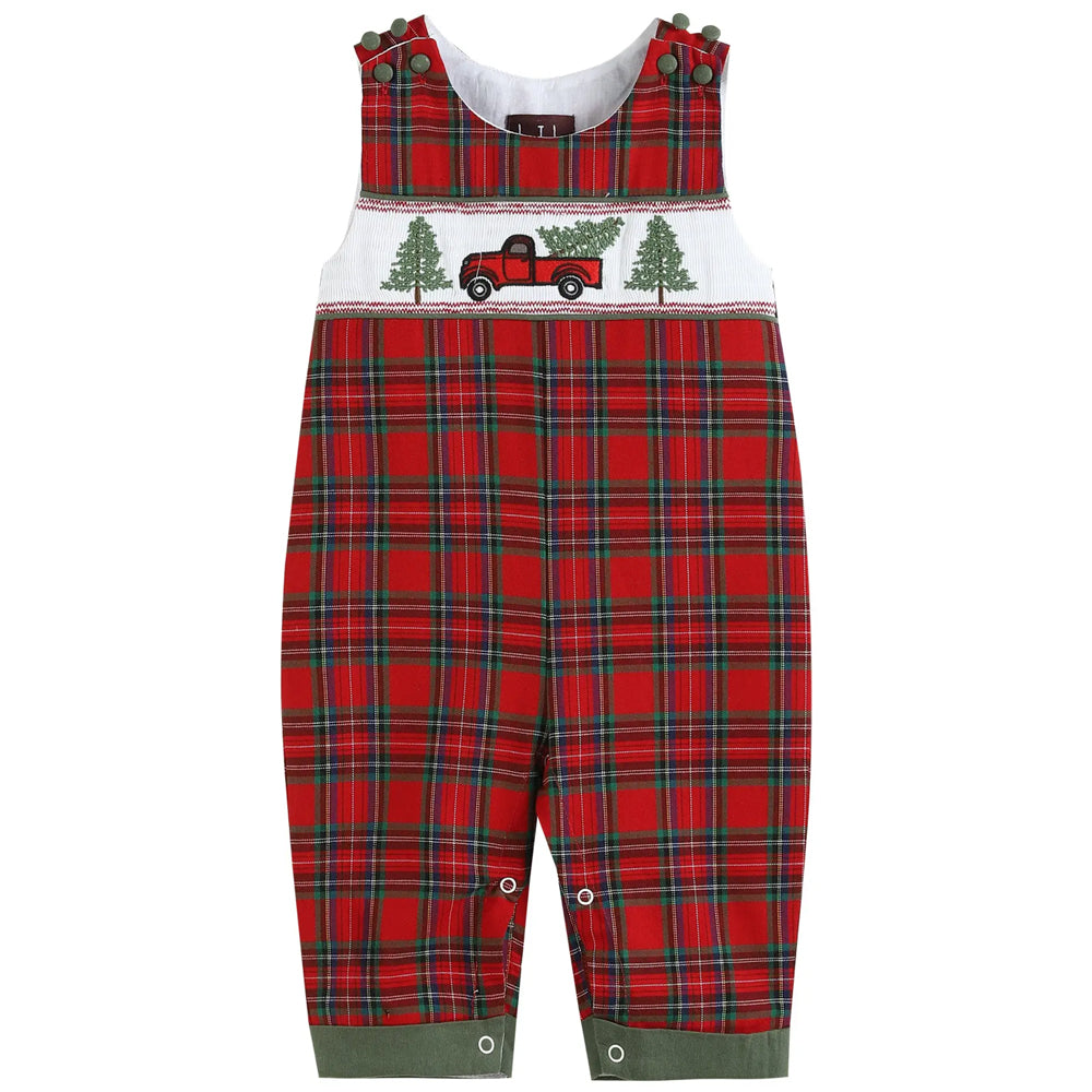 Red Plaid Christmas Truck Smocked Overalls