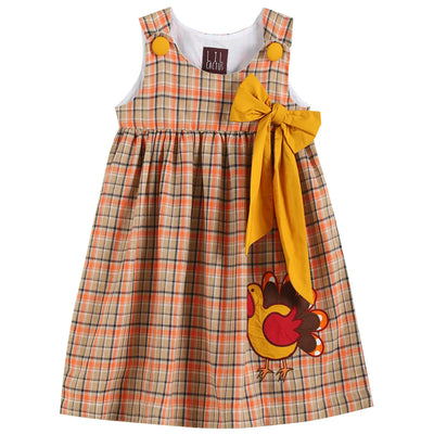 Brown and Mustard Plaid Dress with Turkey Applique and Bow